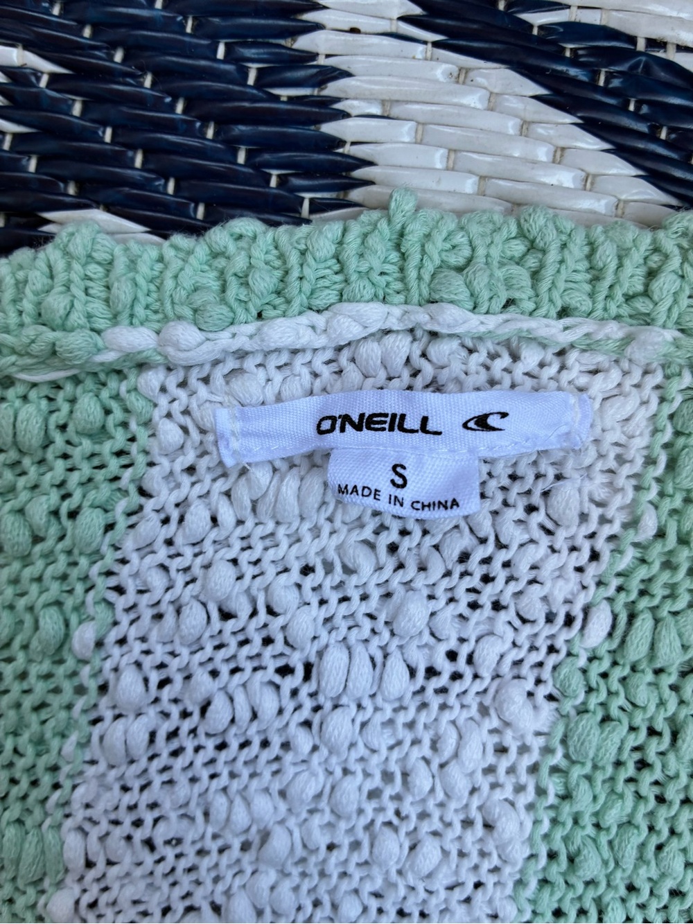 O'Neill Mint Green, White & Rust Striped V-Neck Summer Sweater - Picture 2 of 6